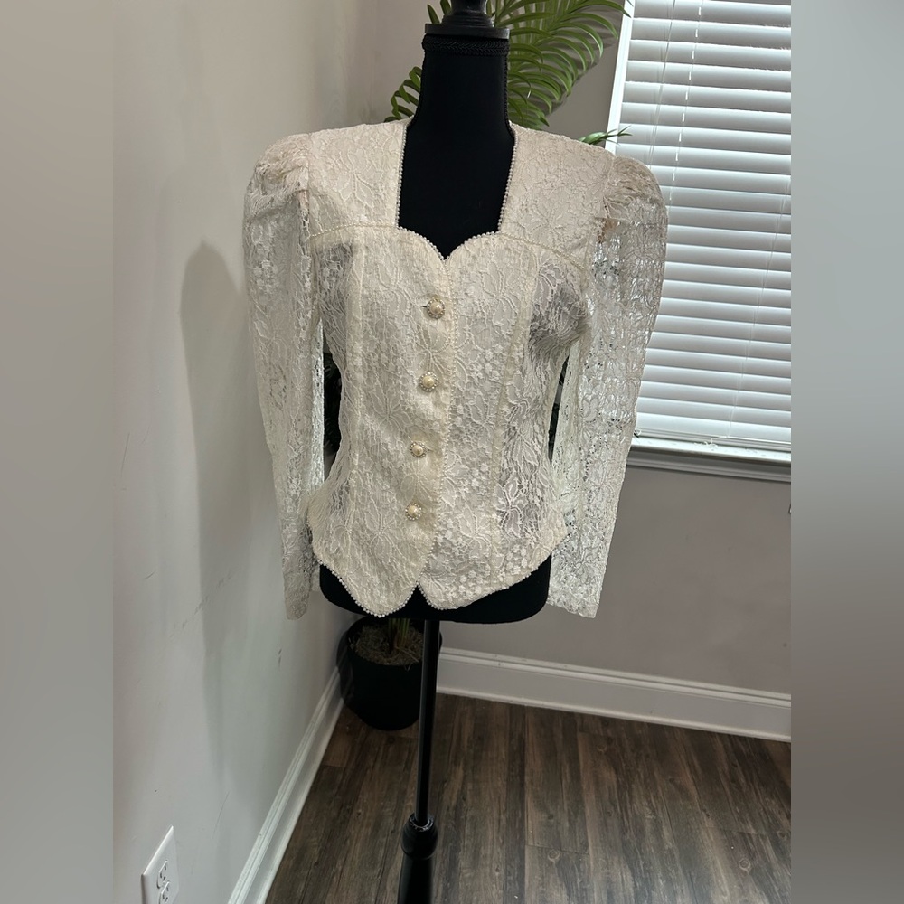 Vintage In The Mood Ivory Lace Pearl Trim Blazer Jacket Puff Sleeve Size 8
